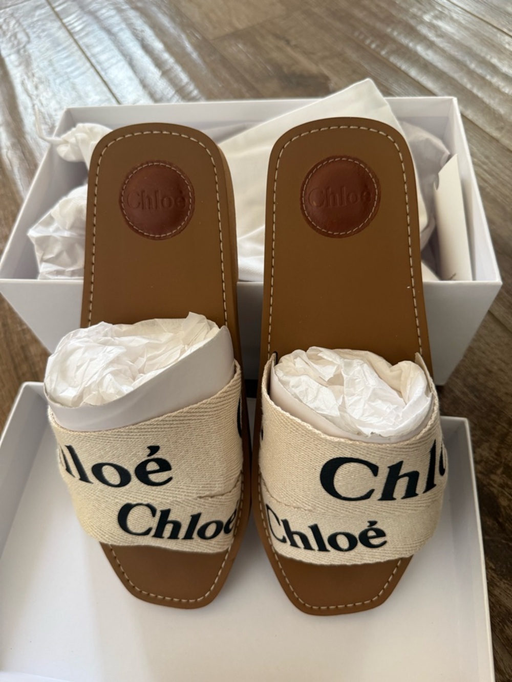 Chloé Cream Canvas Logo Slide Sandals with Tan Footbed